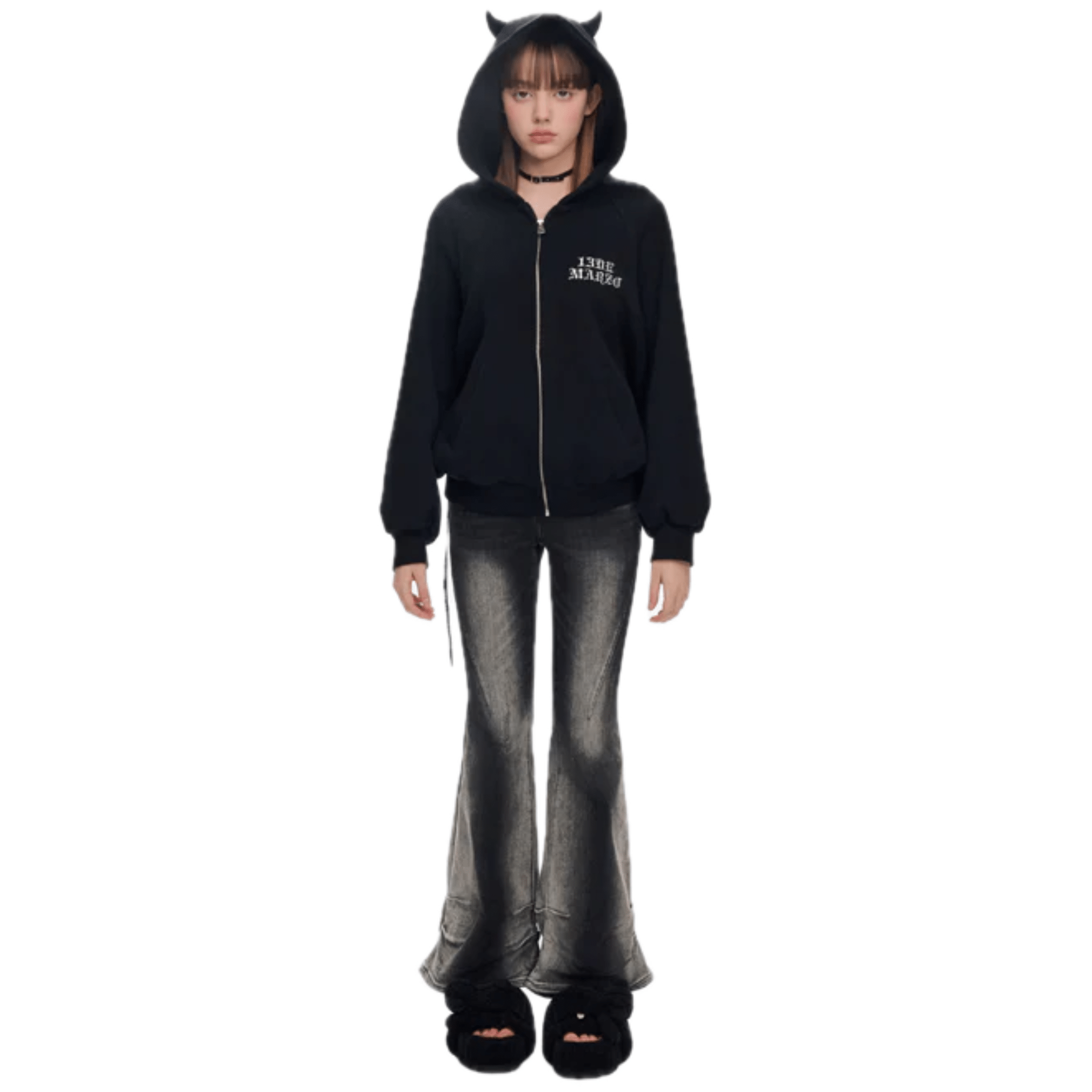Angel Devil Bear Tweed Hoodie in Black
