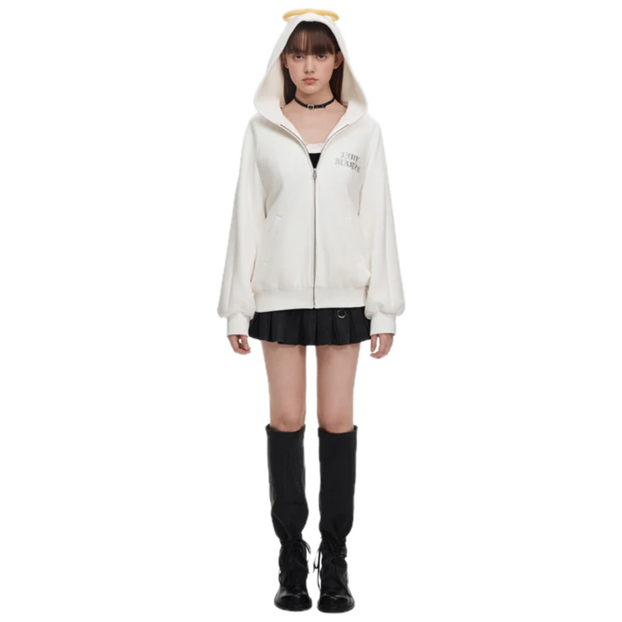 Angel Devil Bear Tweed Hoodie in White